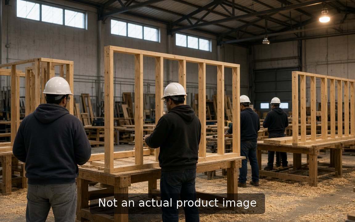 Apprentices in hard hats at framing workstations in a training shop