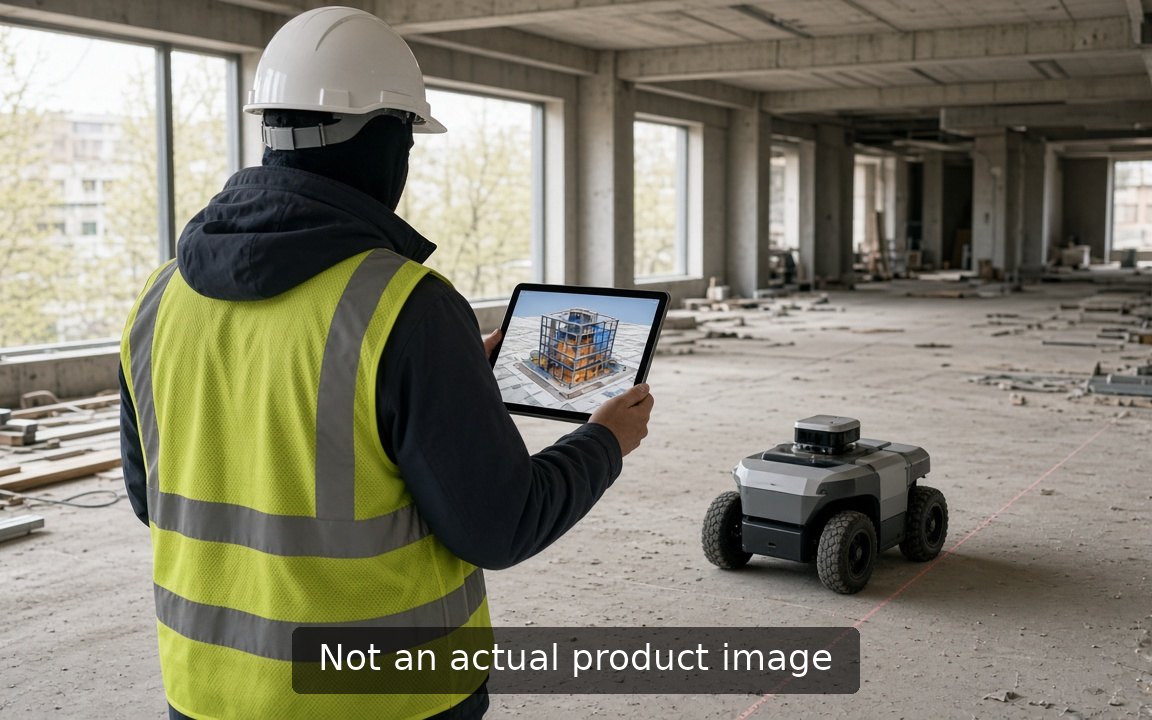 Superintendent viewing a 3D model on a tablet beside a layout robot