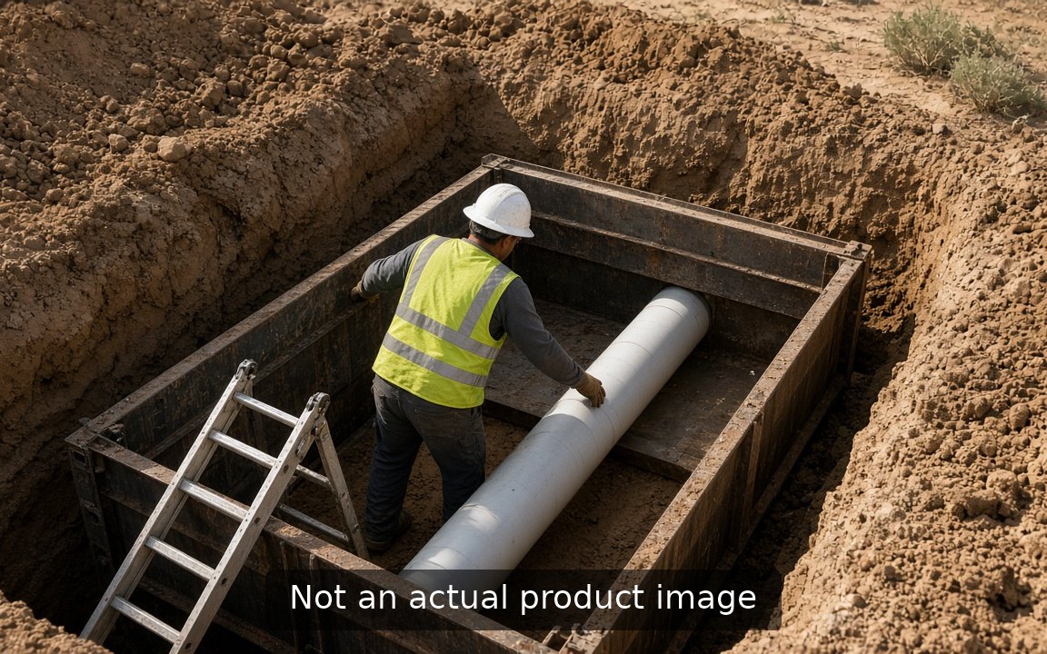 Worker laying pipe inside a trench box with a ladder